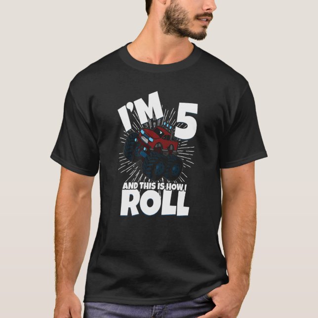 Family Siblings Monster Trucks Birthday I Am Five  T-Shirt (Front)