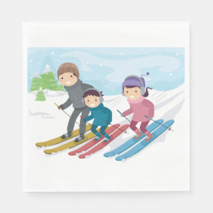 Family Skiing Winter Snow Scene Napkin