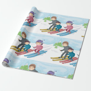 Family Skiing Winter Snow Scene Wrapping Paper