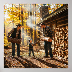 Family Stacking Firewood Poster