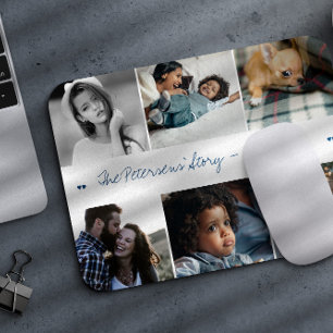 Family story 6 photo collage modern custom text mouse mat