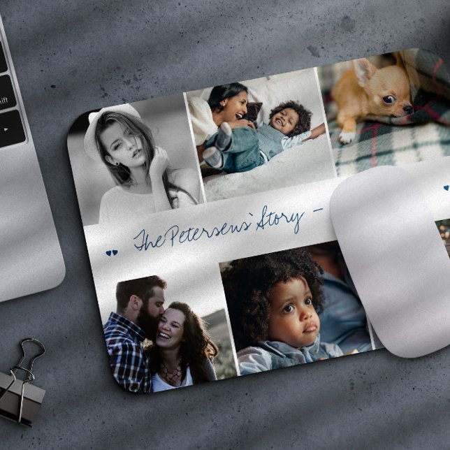 Family story 6 photo collage modern custom text mouse mat (Creator Uploaded)
