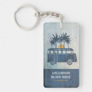 Family Summer Beach House Surf Van Monogrammed  Key Ring