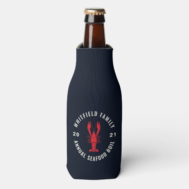 Family Summer Seafood Boil Party Custom Navy Blue Bottle Cooler (Bottle Front)