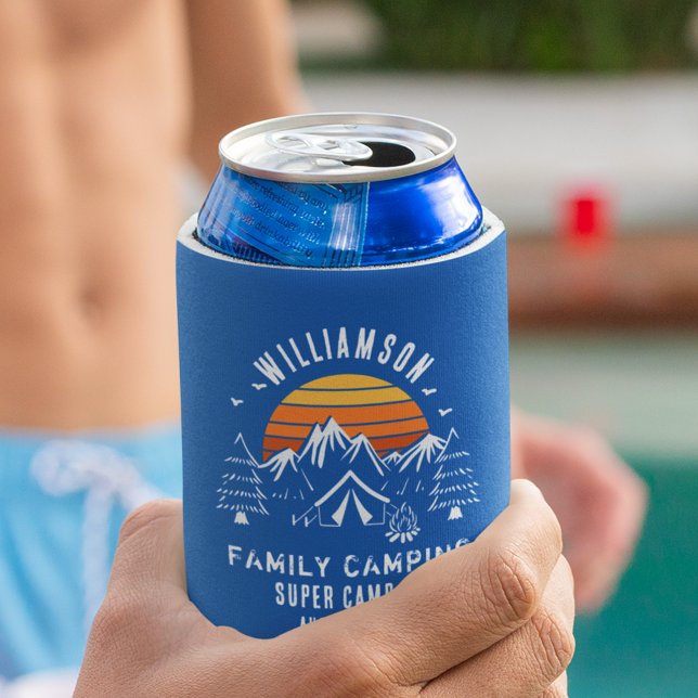 Family Summer Vacation Camping Any Colour Custom Can Cooler (Retro Family Camping Reunion Custom Matching Blue Can Cooler)