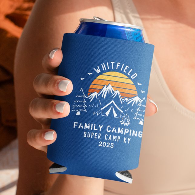 Family Summer Vacation Camping Custom Can Cooler (Royal Blue Retro Camping Can Cooler)