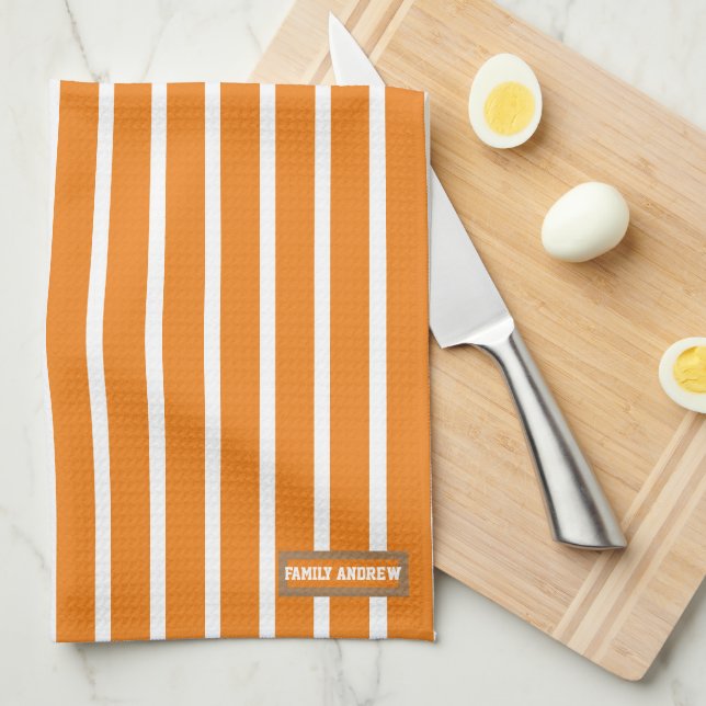 Family surname colourful stylish stripes orange tea towel (Quarter Fold)