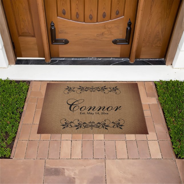 Family Surname  - Tan Burlap  Doormat (Outdoor)