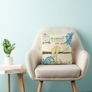 Family Teal Damask Love Bird Birdcage Established Cushion
