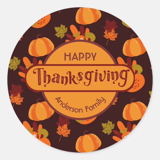 Family Thanksgiving Autumn Leaves Turkey Pumpkin Classic Round Sticker (Front)
