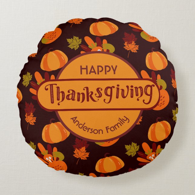 Family Thanksgiving Autumn Leaves Turkey Pumpkin Round Cushion (Front)