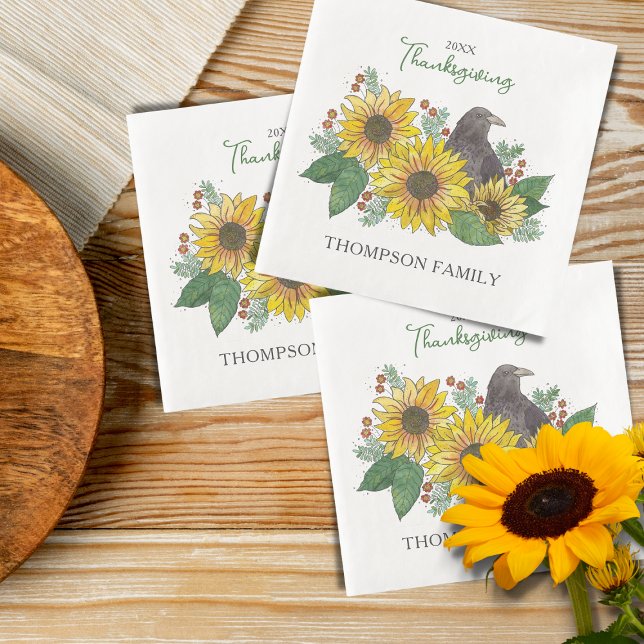 Family Thanksgiving Crow in Sunflowers Napkin (Personalized Thanksgiving Napkins)