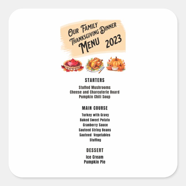  Family Thanksgiving Dinner Menu 2023 Square Sticker (Front)