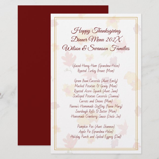 Family Thanksgiving Dinner Menu Chefs Name (Front/Back)