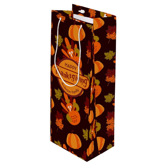 Family Thanksgiving Turkey Autumn Leaves Pumpkin Wine Gift Bag (Front Angled)
