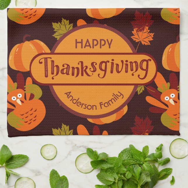 Family Thanksgiving Turkey Pumpkin Autumn Leaves Tea Towel (Folded)