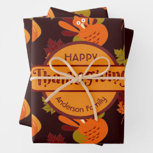 Family Thanksgiving Turkey Pumpkin Autumn Leaves Wrapping Paper Sheet