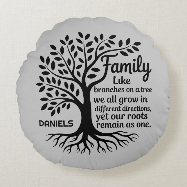 Family Tree Black & Gray Personalized Round Cushion (Front)