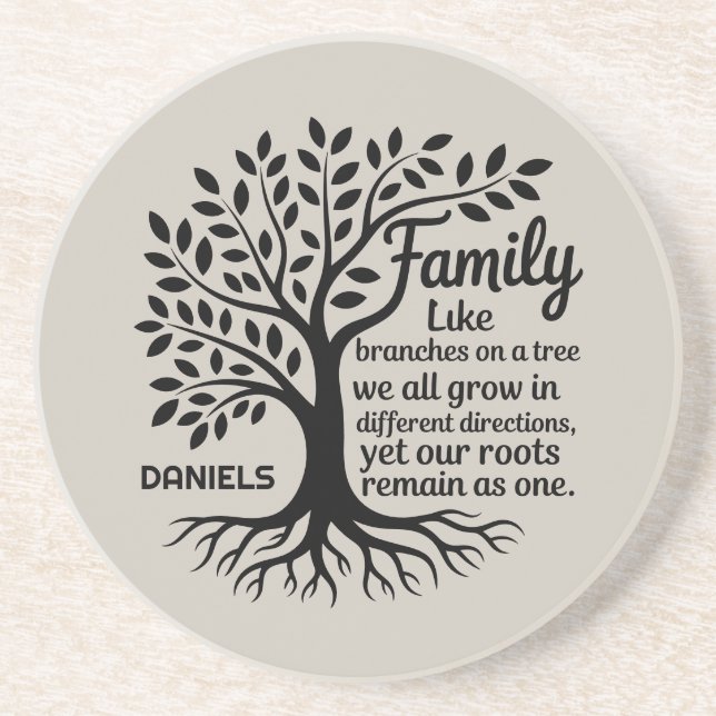 Family Tree Black & Tan Personalized Sandstone Coaster (Front)