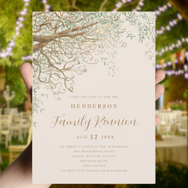 Family Tree Family Reunion  Invitation (Family tree family reunion summer party invitation Elegant modern script beige and brown)