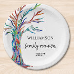 Family Tree Family Reunion  Paper Plate<br><div class="desc">These stylish paper plates are decorated with a mosaic family tree in the colours of the rainbow. Personalise them with your family name. Use the Customise Further option to change the text size, style or colour if you wish. Because we create our own artwork you won't find this exact image...</div>