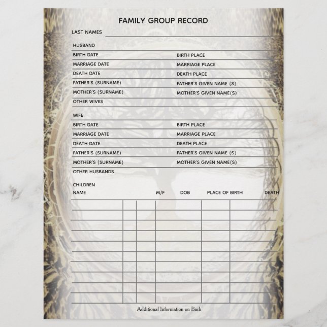 Family Tree Genealogy Ancestry Group Sheet (Front)