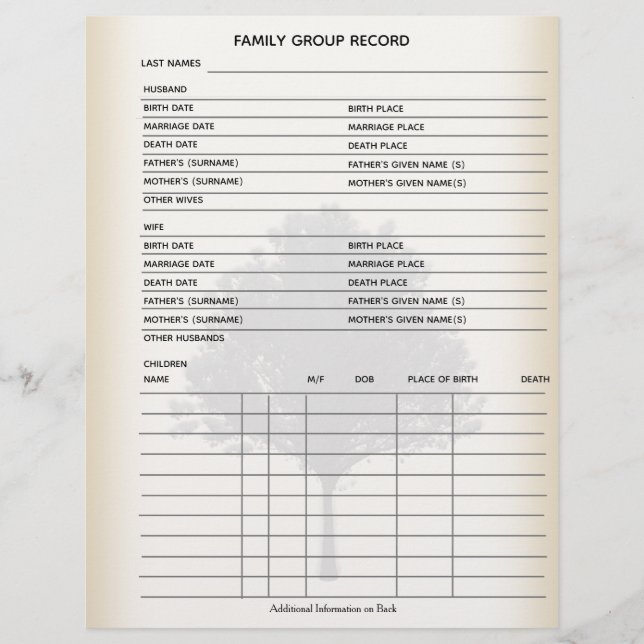 Family Tree Genealogy Group Sheet (Front)