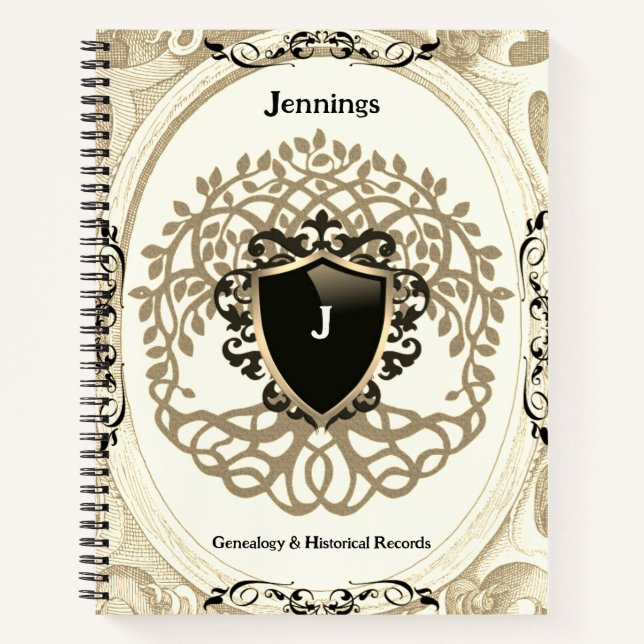 Family Tree of Life Ancestry Beige Black Name Notebook (Front)