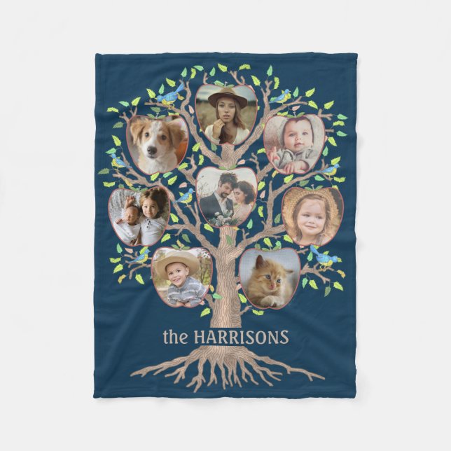 Family Tree Photo Collage 8 Pictures Name Dk Blue Fleece Blanket (Front)