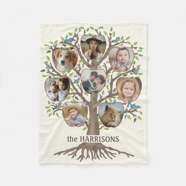 Family Tree Photo Collage 8 Pictures Name Lt Beige Fleece Blanket (Front)