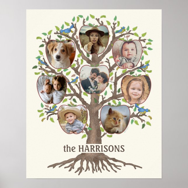 Family Tree Photo Collage 8 Pictures Name Lt Beige Poster (Front)