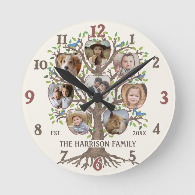 Family Tree Photo Collage 8 Pictures Name Lt Beige Round Clock (Front)