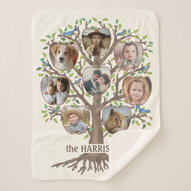 Family Tree Photo Collage 8 Pictures Name Lt Beige Sherpa Blanket (Front)