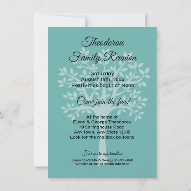 Family Tree Teal Green Family Reunion Invitation (Front)