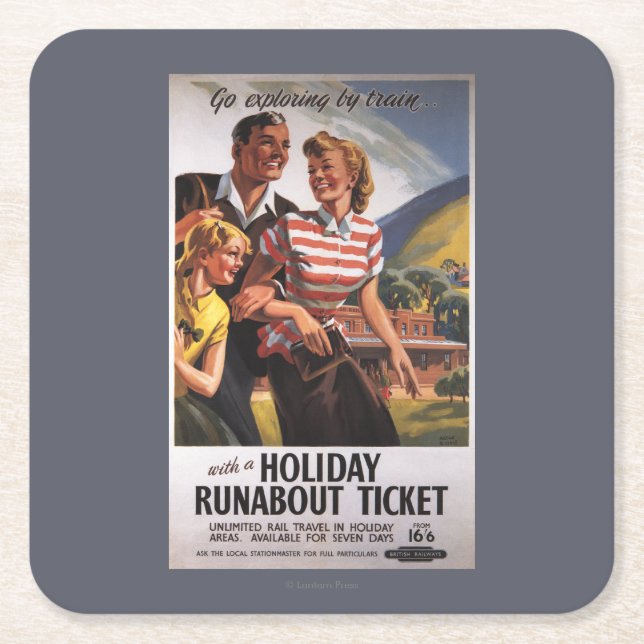 Family Trio on Holiday Runabout Savings Square Paper Coaster (Front)