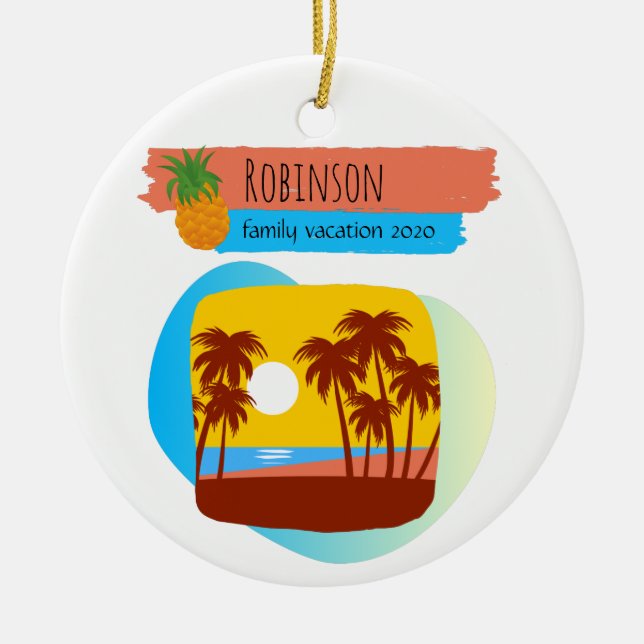 Family Tropical Beach Vacation Souvenir Christmas Ceramic Tree Decoration (Front)