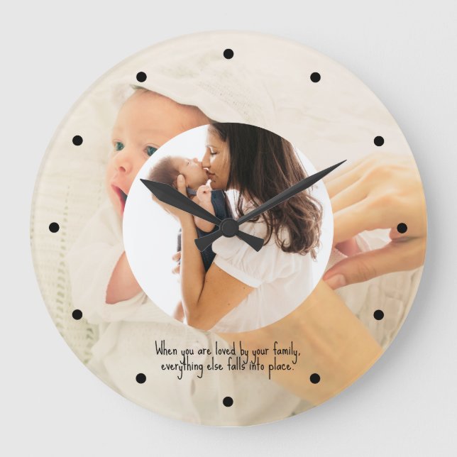 Family Two Photo Collage Simple Round Frame Large Clock (Front)