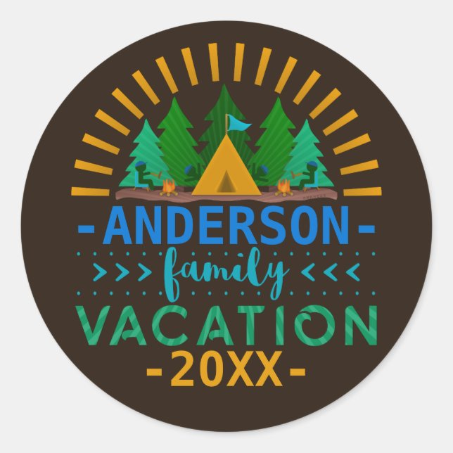 Family Vacation Camping Trip | Custom Name Year Classic Round Sticker (Front)