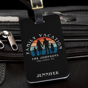 Family Vacation Holding Hands Retro Sun Black Luggage Tag