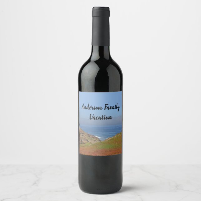 Family Vacation Ocean Landscape Photo Beach Trip Wine Label (Front)