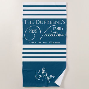 Family Vacation Personalised Blue Beach Towel