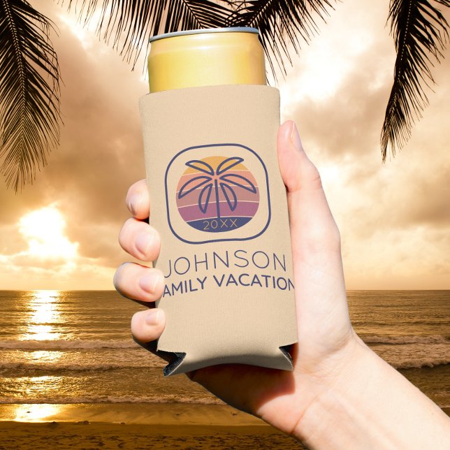 Family Vacation Personalised Palm Tree Seltzer Can Cooler (The perfect personalized seltzer can cooler for your family vacation. )