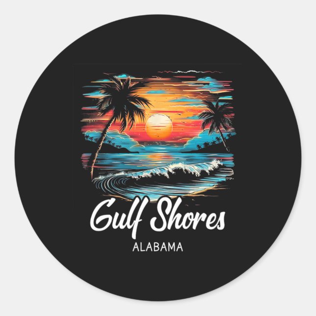 Family Vacation Retro Sunset Alabama Gulf Shores  Classic Round Sticker (Front)