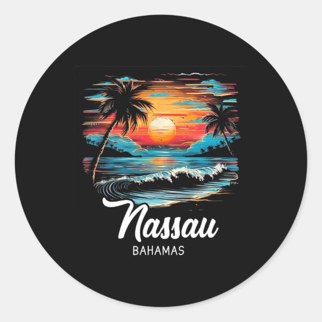 Family Vacation Retro Sunset Bahamas Nau  Classic Round Sticker (Front)