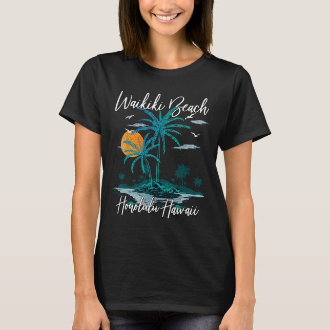 Family Vacation Retro Sunset Honolulu Hawaii Waiki T-Shirt (Front)
