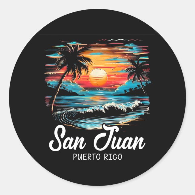 Family Vacation Retro Sunset Puerto Rico San Juan  Classic Round Sticker (Front)