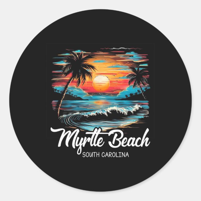 Family Vacation Retro Sunset South Carolina Myrtle Classic Round Sticker (Front)