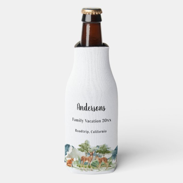 Family vacation woodland forest animals deer bottle cooler (Bottle Front)