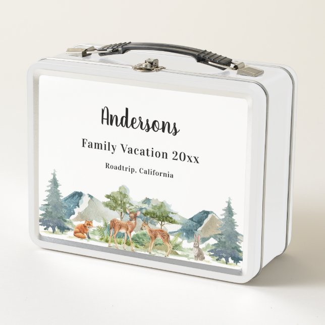 Family vacation woodland forest animals deer metal lunch box (Front)