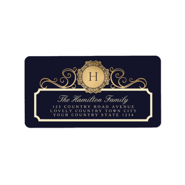 Family Vintage Navy Gold Monogram Address Label (Front)